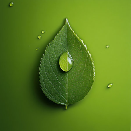 A single water droplet with the shape of a leaf on a green background, surrounded by small drops of dew, symbolizing freshness and natural beauty. The leaf is detailed in high resolution, showcasing its vibrant greens and textures. This image captures intricate details that highlight the unique form of nature's most common element, creating a visually appealing composition for eco-friendly advertising or environmental themes. --v 6.1 Job ID: 47419108-bedb-4166-bfdf-7259c11f69d1の素材