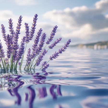 A photograph of lavender flowers in the water, lavender on the edge of a calm lake with ripples, a blue sky and white clouds in the background, a lavender color scheme, a dreamy feeling, high-definition photography, high resolution, soft light, high level of detail, and high quality. --v 6.1 Job ID: bebaf681-9440-478c-973a-b930d603e89fの素材
