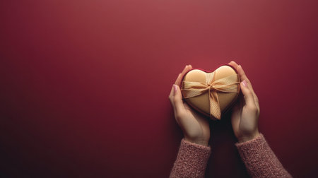 Hand holding a heart-shaped gift box with a ribbon on a red background, top view. Valentine's Day concept. Flat lay style. Photographed using a Canon EOS camera at an f/8 aperture setting, with professional color grading, soft shadows, and a clean, sharp focus --chaos 30 --ar 16:9 --v 6.1 Job ID: 87de9e56-7adf-4377-b04d-0d2e8a21cedbの素材