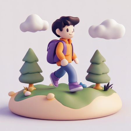 A simple, cute cartoon character is walking on the top of an island, with clouds floating above their head and trees growing around them. They are wearing blue jeans, an orange jacket, and a violet-colored backpack. The background is white, with an isometric design, simple shapes, and a minimalist style. The material appears to be clay, with a purple-green tone. The image was created using Octane Render and Blender, with a focus on white space and high-resolution 3D rendering. --v 6.1 Job ID: 79db713a-f7d8-4ee2-8671-498c15ed4422の素材