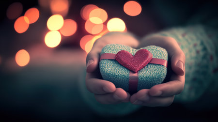 Close-up of hands holding and presenting a gift box with a ribbon, against a Valentine's Day background, with copy space for text. The image has a pastel color palette, with blurred bokeh lights in the background, in shades of pink, red, and white. The lighting is soft, and the style is photorealistic, captured with a Sony A7R IV camera and an 85mm f/2 lens at an aperture of f/4. --chaos 30 --ar 16:9 --v 6.1 Job ID: aad4f75f-3746-489c-8eb1-25346dd9b8b0の素材