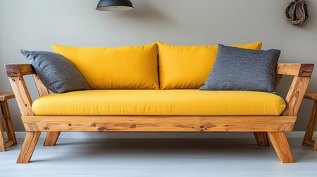 A wooden sofa with yellow cushions and a grey throw in an empty living room interior with beige walls, wooden side tables, a black pendant lamp hanging from the ceiling, and decorative elements on one wall. Scandinavian-style home decor concept. --chaos 30 --ar 16:9 --v 6.1 Job ID: 7bea454f-9608-4d83-ade7-a59a52b35cfeの素材