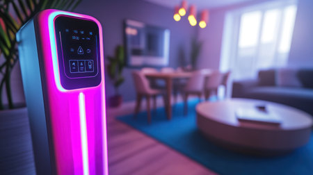 A smart air purifier with a touch screen and LED display stands in the living room, surrounded by colorful ambient lights. The purple light illuminates the coffee table next to it, while pink lighting shines on one of its sides. In front is an elegant dining area featuring chairs around the long, round wooden tabletop. A potted plant sits behind them. On top of the sofa, there's a book on the blue carpet flooring. Captured using a Canon EOS R5 camera with a standard lens. --chaos 30 --ar 16:9 --v 6.1 Job ID: 7d9857c6-fee4-46ab-913e-d2f63530bee8の素材