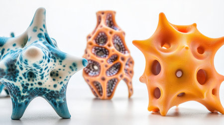 Close-up of colorful 3D-printed objects, showcasing intricate patterns and textures in vibrant colors. The focus is on the unique shapes created by advanced printing technology. --chaos 30 --ar 16:9 --v 6.1 Job ID: 7882f1df-eb4d-47e9-8e45-0b0f854add6aの素材