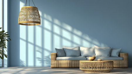Minimalist interior design of a living room with a blue wall, sofa, and coffee table. The home decor features boho-style elements, creating a cozy and warm atmosphere. Natural materials like wood or rattan furniture, along with a pastel color palette, contribute to the inviting space for relaxation and social gathering. Bright daylight creates soft shadows on the walls, enhancing the overall ambiance. --chaos 30 --ar 16:9 --v 6.1 Job ID: 2667061a-201b-4112-8fec-0a4da1780bb3の素材