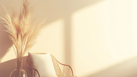 Beige wall background with an armchair and vase, a minimalist interior design of a modern home entryway. Soft beige color empty space mockup for artwork or product presentation. --chaos 30 --ar 16:9 --v 6.1 Job ID: d9051734-9e38-4111-b4da-466e5d2b38fdの素材