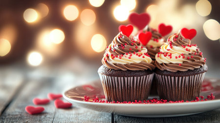 A plate of Valentine's Day cupcakes with chocolate and cream frosting, decorated with red heart sprinkles, on an old wooden table. The background is blurred to focus attention on the cupcakes. --chaos 30 --ar 16:9 --v 6.1 Job ID: 2bca9e59-a08a-41ff-8c4b-2c72617114bdの素材