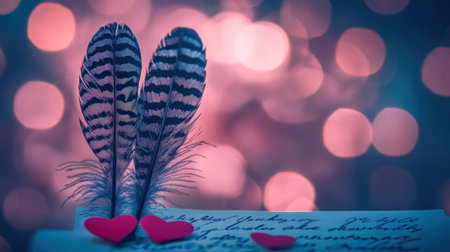 Two feathers with heart-shaped patterns on them, placed next to an old-fashioned love letter written in cursive and adorned with red hearts. The background is blurred with shades of pink and blue, creating a dreamy atmosphere. Soft lighting illuminates the scene, enhancing its romantic mood. This composition creates a warm feeling for Valentine's Day, conveying deep affection through symbolic elements like feathered wings and hand-drawn messages. --chaos 30 --ar 16:9 --v 6.1 Job ID: 307532a4-8362-4e7b-af70-a543e49100deの素材