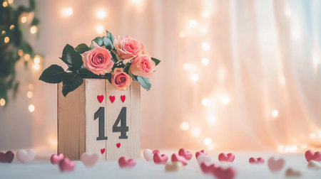 A wooden calendar with the date of February 14th, and red roses on top of it, alongside little hearts. The background is a soft pastel gradient, creating an atmosphere that's warm and inviting for a Valentine's Day celebration. --chaos 30 --ar 16:9 --v 6.1 Job ID: f53bcdb1-7ec6-43ad-a561-13854d39f07eの素材
