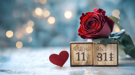 A wooden calendar with the date of February 14th, and hearts next to it. A red rose is placed on top of one heart-shaped block. The background has a soft pastel color scheme. --chaos 30 --ar 16:9 --v 6.1 Job ID: 7d165ecb-f9a2-4388-9c9a-c7ce6507bc4aの素材