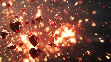 Red heart-shaped particles on a black background, a red powder explosion, a glowing effect, and a black space around the scene. Rendered using Octane Render and Unreal Engine. --chaos 30 --ar 16:9 --v 6.1 Job ID: a33aaa91-6e9b-424c-9a6a-b3e027bfafb6の素材