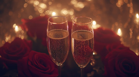 Two glasses of champagne in front of a red rose backdrop, with a golden light. --chaos 30 --ar 16:9 --v 6.1 Job ID: 5c69419f-2310-4062-9f65-cdca55622d30の素材