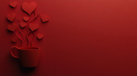 Paper cutout of red hearts in the shape of steam rising from a coffee cup on a solid background. Concept for a Valentine's Day or love theme design. Red heart-shaped paper art background with copy space. --chaos 30 --ar 16:9 --v 6.1 Job ID: 84663588-a7b6-4751-8d3b-1315e14cbec5の素材