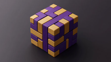 Isometric cube with purple and gold gradients, dark gray background, 3D render, in the style of Isapphire, created using Cinema 4D, Blender, Unreal Engine, and Octane Rendering. --chaos 30 --ar 16:9 --v 6.1 Job ID: fedbbb14-8552-4bbc-a3dc-4b439b4e9a34の素材