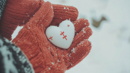 Close-up of red wool gloves holding a white, heart-shaped snow ornament on a snowy background. Concept for a Valentine's Day card design with copy space. --chaos 30 --ar 16:9 --v 6.1 Job ID: 8f386de5-9d5c-4aee-ae50-2221a74b4d75の素材