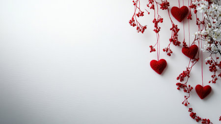Vector illustration of a Happy Valentine's Day background with hanging hearts and flowers, white space for text or message, and red heart shapes in different sizes on a white background. Vector design element. Flat lay. White background, high-resolution, professional photograph, highly detailed, high-quality photography, HDR, natural light. --chaos 30 --ar 16:9 --v 6.1 Job ID: c20a8ca9-d250-473e-ab19-3b586ce6d600の素材