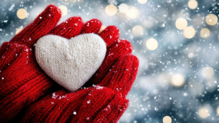 Close-up of red wool gloves holding a white, heart-shaped snow ornament on a snowy background. Concept for a Valentine's Day card design with copy space. --chaos 30 --ar 16:9 --v 6.1 Job ID: 8f386de5-9d5c-4aee-ae50-2221a74b4d75の素材
