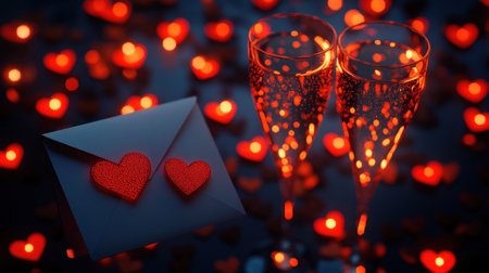 Two champagne glasses and an envelope with red heart shapes on it, surrounded by glowing hearts in the background, creating a festive atmosphere for Valentine's Day and a romantic mood. --chaos 30 --ar 16:9 --v 6.1 Job ID: 090be403-ad22-44b9-9849-ae292ede6514の素材