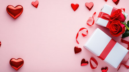 Valentine's Day banner, pink background with white gift box and rose flower on the right side, heart-shaped decoration, flat lay composition, minimalist style, wide aspect ratio, high resolution, realistic photography, professional camera quality, soft lighting, pastel colors, elegant and romantic mood. --chaos 30 --ar 16:9 --v 6.1 Job ID: c343cfbe-5828-4bd6-9220-f90c268abff3の素材