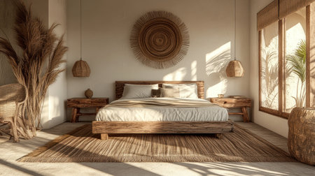 Minimalist bedroom interior with white wall mockup, wooden bed, and table against an empty background. 3D rendering of modern home decor for design presentation. Realistic stock photo in natural light. --chaos 30 --ar 16:9 --v 6.1 Job ID: 5e3227f4-5c42-471e-873b-d28784daefeeの素材