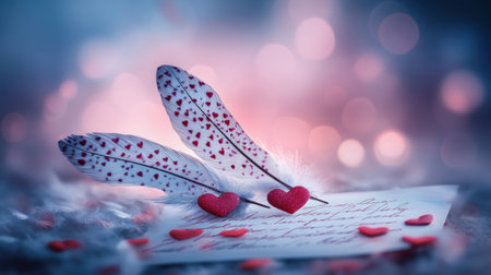 Two feathers with heart-shaped patterns on them, placed next to an old-fashioned love letter written in cursive and adorned with red hearts. The background is blurred with shades of pink and blue, creating a dreamy atmosphere. Soft lighting illuminates the scene, enhancing its romantic mood. This composition creates a warm feeling for Valentine's Day, conveying deep affection through symbolic elements like feathered wings and hand-drawn messages. --chaos 30 --ar 16:9 --v 6.1 Job ID: 307532a4-8362-4e7b-af70-a543e49100deの素材
