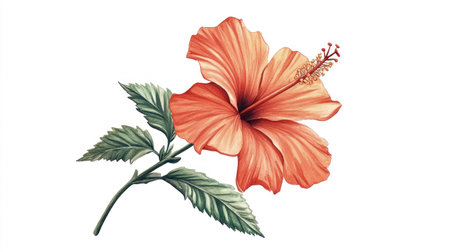 Watercolor, pastel orange hibiscus flower with long stem and green leaves, on a white background, with a light red color palette. --chaos 30 --ar 16:9 --v 6.1 Job ID: 59fe0c78-0af8-4ea5-bcc8-2cc6c939b2dcの素材