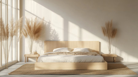 Minimalist bedroom interior with white wall mockup, wooden bed, and table against an empty background. 3D rendering of modern home decor for design presentation. Realistic stock photo in natural light. --chaos 30 --ar 16:9 --v 6.1 Job ID: 5e3227f4-5c42-471e-873b-d28784daefeeの素材