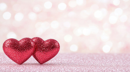 Two red hearts on a pink glittery background with copy space for a Valentine's Day celebration, banner design. Love concept. Red heart shape. Background for a Happy Valentine's Day greeting card. Copy space. Abstract pink glittering blurred backdrop. Stock photo with 2/3 space for text, stock photography, realistic, high resolution, and in full focus. --chaos 30 --ar 16:9 --v 6.1 Job ID: 1c610a61-7ff8-4242-9eea-4451553f46abの素材