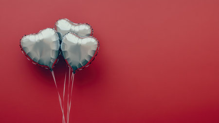 Minimalist Valentine's Day background with heart-shaped balloons on the left side, on red paper, flat lay, copy space concept. --chaos 30 --ar 16:9 --v 6.1 Job ID: 5dd1a1ef-3ff1-4cf9-900f-b0d9c8822a89の素材