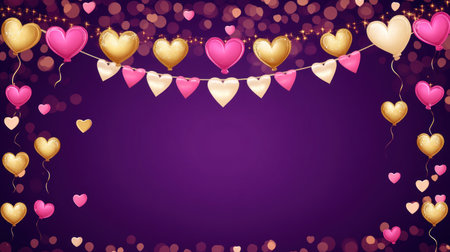 Vector illustration of a Happy Valentine's Day background with golden heart-shaped balloons, pink and gold color heart decorations on a purple banner for romantic party design elements. Vector illustration of a happy Valentine's Day celebration mockup template. --chaos 30 --ar 16:9 --v 6.1 Job ID: 60135704-716a-4a66-b442-e9cf252a8a31の素材