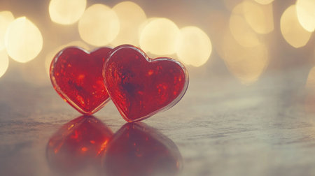 Two red hearts on a table, with a blurred background and warm-colored bokeh lights --chaos 30 --ar 16:9 --v 6.1 Job ID: 3c750337-aeaf-49ed-92f1-acca64a1d636の素材