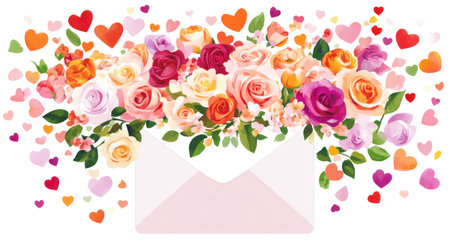 Valentine's Day envelope with flowers and hearts, flat design illustration, vector graphic on a white background, cute style, cute color scheme, pink, red, orange, white paper in the middle of an open letterhead, pink roses, heart-shaped confetti flying around, cute and colorful. The colors include shades of pink, coral, rose gold, pastel purple, mint green, light blue, baby yellow, baby blue, white background, vector graphics, flat design. --chaos 30 --ar 16:9 --v 6.1 Job ID: dac1338f-ff69-4bf5-9143-e2a6ad453e23の素材