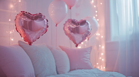Valentine's Day-themed room with pink heart-shaped balloons, white walls decorated with garlands of lights, and pastel-colored pillows. The scene is bathed in soft light, creating an atmosphere filled with love and romance. --chaos 30 --ar 16:9 --v 6.1 Job ID: 34237d3c-62a6-405a-8ef5-6669a6ce2ec6の素材