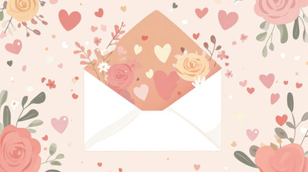 Valentine's Day envelope with flowers and hearts, flat design illustration, vector graphic on a white background, cute style, cute color scheme, pink, red, orange, white paper in the middle of an open letterhead, pink roses, heart-shaped confetti flying around, cute and colorful. The colors include shades of pink, coral, rose gold, pastel purple, mint green, light blue, baby yellow, baby blue, white background, vector graphics, flat design. --chaos 30 --ar 16:9 --v 6.1 Job ID: dac1338f-ff69-4bf5-9143-e2a6ad453e23の素材