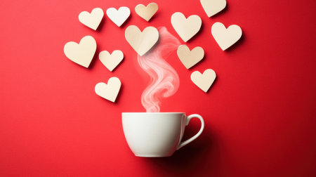Paper hearts in the shape of steam rising from a coffee cup on a red background, a concept for a Valentine's Day celebration or a Valentine's Day banner template with copy space. --chaos 30 --ar 16:9 --v 6.1 Job ID: 37d2aa50-7db7-4bdc-a430-b03627b975fcの素材