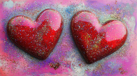 Two red hearts on a pink glittery background, a Valentine's Day theme. --chaos 30 --ar 16:9 --v 6.1 Job ID: 438a17bb-c10f-4399-a8d9-e5f97914ac5eの素材