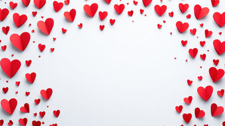 A white background with red hearts, a Valentine's Day theme. The border of the picture is made up of scattered heart-shaped paper cutouts. --chaos 30 --ar 16:9 --v 6.1 Job ID: 685d62ee-d883-459a-ae21-53ba566c586bの素材