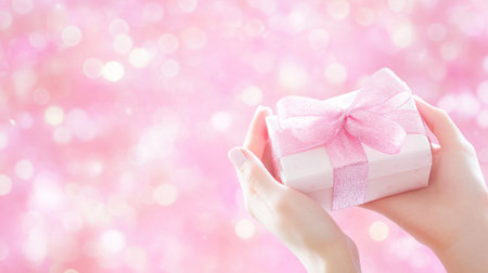 Close-up of hands holding and giving a gift box with a ribbon, blurred background, bokeh effect, pink pastel color palette, studio lighting, copy space area on the right side, banner design, detailed illustration, highly realistic. --chaos 30 --ar 16:9 --v 6.1 Job ID: e59925d6-85f3-4a5f-8dc6-03d1d944a267の素材