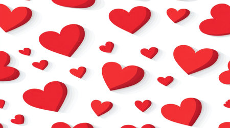 A seamless pattern of red hearts on a white background, featuring a flat design, vector illustration, flat color blocks, no shadows, simple shapes, and bright colors. This design is perfect for a Valentine's Day theme, evoking love and romance. It is a digital art piece, with high-quality vector graphics, high resolution, high detail, high sharpness, high clarity, high contrast, high vibrance, and high saturation, resulting in a high-definition, high-dynamic-range, and high-depth-of-field image --chaos 30 --ar 16:9 --v 6.1 Job ID: 47612590-898c-4939-8861-f40392b96859の素材
