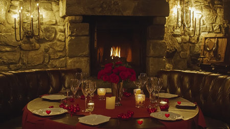 A romantic dinner table set with red roses, candles, and heart-shaped confetti in an old-world restaurant decorated for Valentine's Day. --chaos 30 --ar 16:9 --v 6.1 Job ID: 3d79859f-2ecc-4c32-bbe7-56b6d910aa36の素材