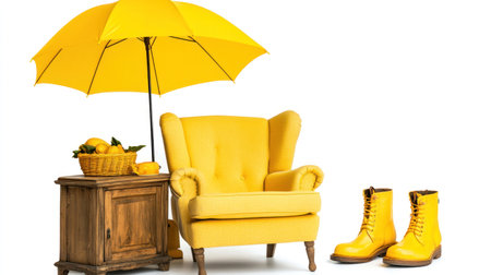 A Scandinavian-style living room with a yellow armchair, wooden sideboard, and gold pendant lights on a white background. A simple yet elegant interior design showcasing the beauty of minimalism. High-quality photograph. --chaos 30 --ar 16:9 --v 6.1 Job ID: 20511805-0db5-4210-b076-56fbb45ad7b0の素材