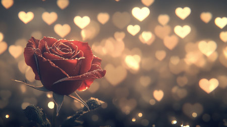 A red rose with heart-shaped bokeh lights in the background, creating an enchanting Valentine's Day banner. The romantic atmosphere is enhanced by the delicate petals and the shimmer of light on each petal. This design adds a touch of romance to your social media post or advertising template. --chaos 30 --ar 16:9 --v 6.1 Job ID: d42c6475-32a6-4b30-b9ff-a1e86e247fe7の素材