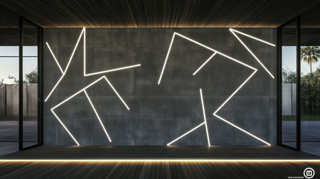 Black wall with a geometric white line design, in an office room with a wooden floor and a glass door. --chaos 30 --ar 16:9 --v 6.1 Job ID: 5f2354fa-fb60-4ff1-a0e5-f3201d2a07c0の素材