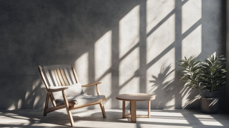 CLUTTER-FREE modern gray wall background with an armchair and coffee table, interior design concept --chaos 30 --ar 16:9 --v 6.1 Job ID: 703cf3bc-017c-40a4-89ad-83e7ad798ed3の素材