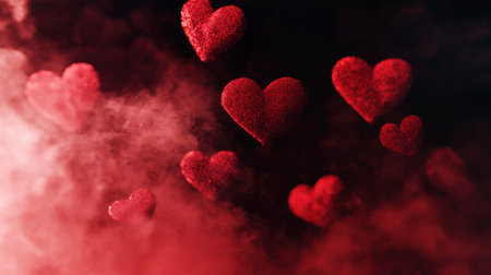 Red heart-shaped particles on a black background, a red powder explosion, a glowing effect, and a black space around the scene. Rendered using Octane Render and Unreal Engine. --chaos 30 --ar 16:9 --v 6.1 Job ID: a33aaa91-6e9b-424c-9a6a-b3e027bfafb6の素材