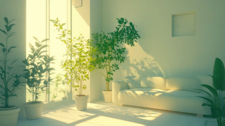 A white living room with plants and sunlight shining in from the window, creating an atmosphere of tranquility and minimalism. The sofa is positioned against one wall, offering space for text or product display. A few potted plants add life to the scene, enhancing its fresh ambiance. This composition creates a serene environment suitable for promotional materials or product displays --chaos 30 --ar 16:9 --v 6.1 Job ID: 9d85f9db-e35a-4aa8-84c1-f76a3fde84fbの素材