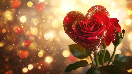 A rose with heart-shaped bokeh lights in the background, a Valentine's Day banner template design, very detailed and realistic, with a red color theme, space for text on one side, in a digital art style, with soft lighting, a wide panoramic view, a romantic atmosphere, high resolution, a love concept, detailed, high quality, professional photography, with full focus and sharp details. --chaos 30 --ar 16:9 --v 6.1 Job ID: ccaee3d1-0794-4422-8ff4-fee71f6ef6bdの素材