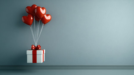 Valentine's Day background with heart-shaped balloons and a gift box on a gray wall, with copy space for text. Love concept. A red balloon in the shape of hearts is flying over a white present package, stock photo with 2/3 space for text. --chaos 30 --ar 16:9 --v 6.1 Job ID: 4e55d548-c792-4c74-aa67-0e39ecc62f43の素材