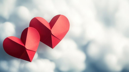 Two red paper hearts on a white background, clouds in the sky, vector illustration, flat design style, simple and clean, white background, high resolution, no shadows, high detail, no text or letters, no characters, no human figures, white background, no shadows, no text or numbers, no letters, no typography, white background, white background, no people. --chaos 30 --ar 16:9 --v 6.1 Job ID: d77c986b-3ca7-46d0-95cb-ff04949a4ec6の素材