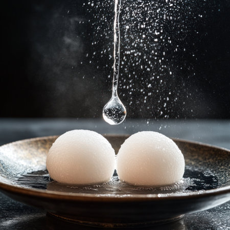 A round drop of clear water is being poured onto two large, glistening mochi balls on an elegant ceramic dish. Close-up, macro photography, studio lighting, dark background, product photo, advertising photography, in the style of Japanese style, natural light, high resolution. --v 6.1 Job ID: 1b5a3f6b-8ed2-4149-92c4-ba61866b9af4の素材